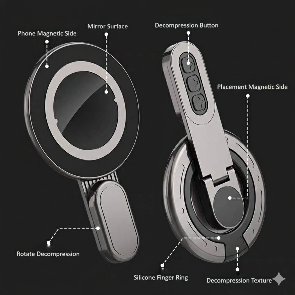 Labelled diagram of the holder showing its magnetic sides, mirror surface, decompression buttons and silicone finger ring
