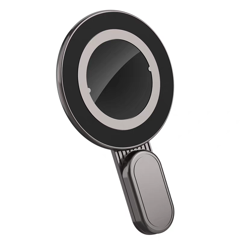 The magnetic phone holder viewed from the front, showing its mirrored magnetic face and folded arm