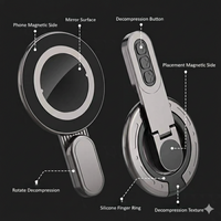 Labelled diagram of the holder showing its magnetic sides, mirror surface, decompression buttons and silicone finger ring