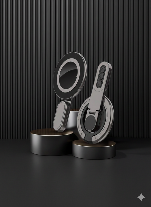 Vortigy 3-in-1 magnetic phone holder in black, shown from both sides on a dark studio backdrop