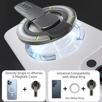The holder snapped onto the back of a white iPhone, with the included metal ring for phones without MagSafe