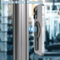 A phone held hands-free against a metal surface by the holder's double-sided magnet
