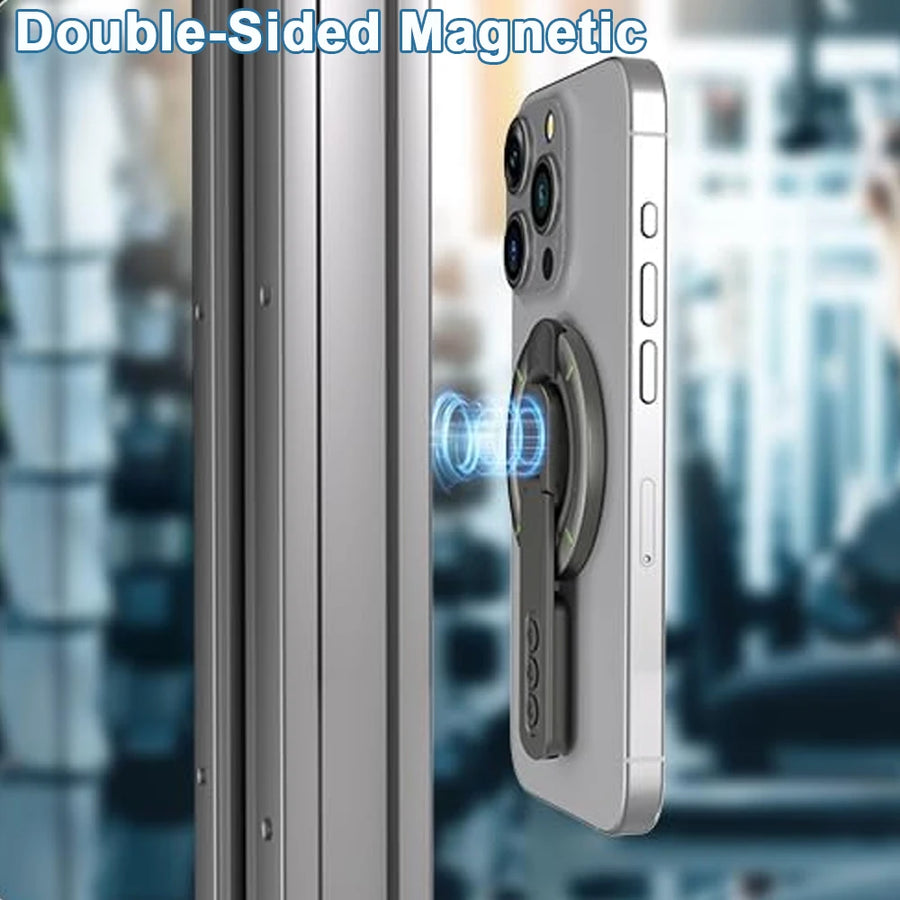 A phone held hands-free against a metal surface by the holder's double-sided magnet