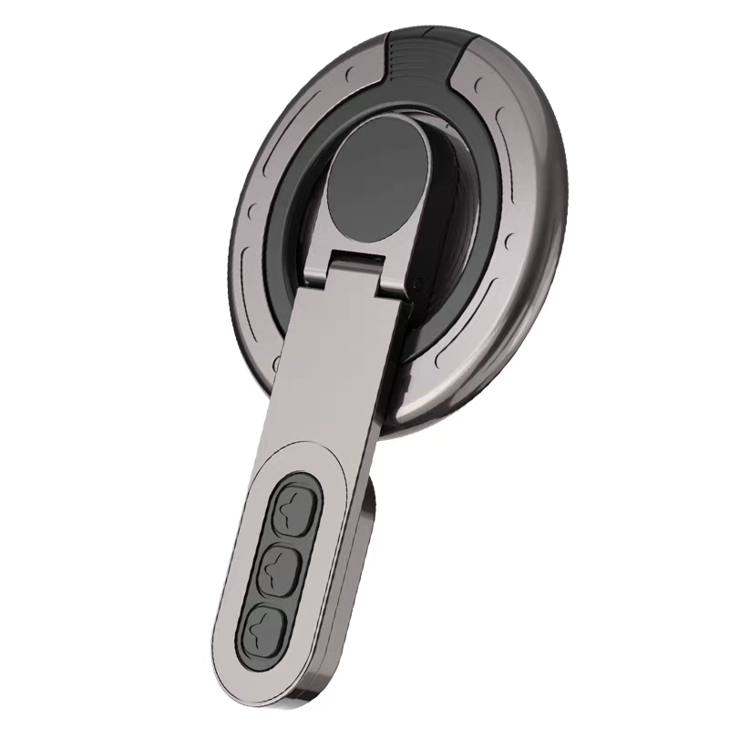 The magnetic phone holder viewed from the back, with the finger ring arm swung out as a kickstand